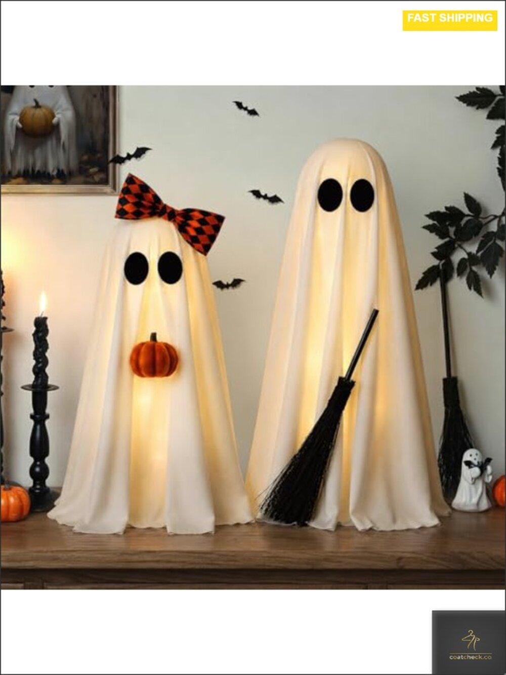 Set of 2 Lighted Ghost Halloween Decorations with Pumpkins and Broom LED